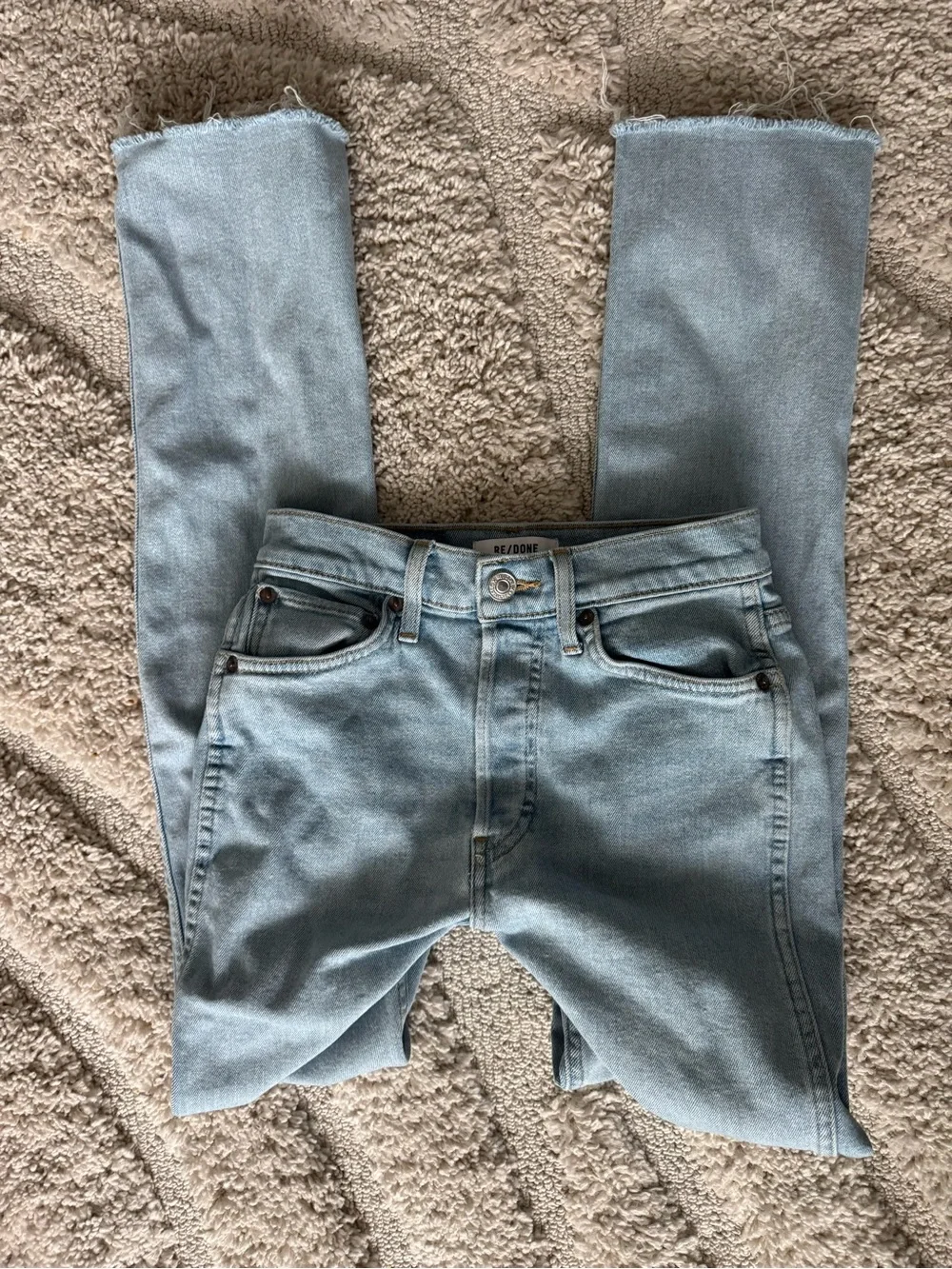 $250 RE/DONE Originals ’80s Slim Straight Jeans Light Wash Raw Hem Size 25